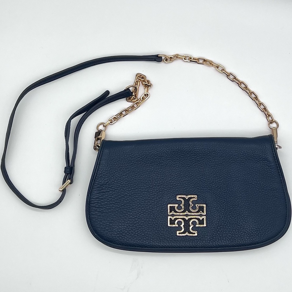 Tory Burch Britten Crossbody Navy Pebbled Leather Gold Chain 2017